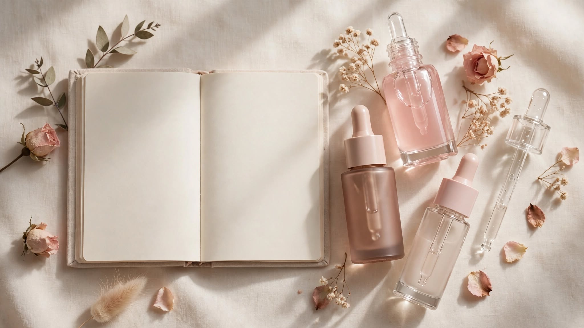 The Secret Science of Your Glow: Professional Skin Biology Research Skincare science guides and serum products on an ivory surface
